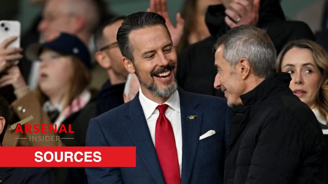Josh Kroenke and Andrea Berta during the UEFA Champions League match between Arsenal and Atletico de Madrid with Arsenal Insider sources banner.