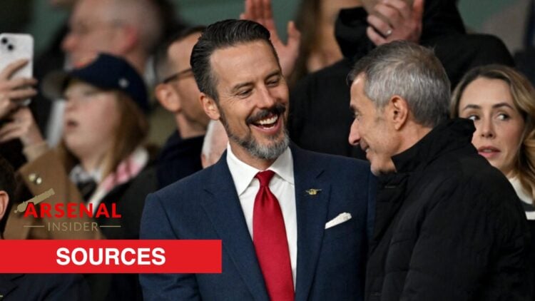 Josh Kroenke and Andrea Berta during the UEFA Champions League match between Arsenal and Atletico de Madrid with Arsenal Insider sources banner.