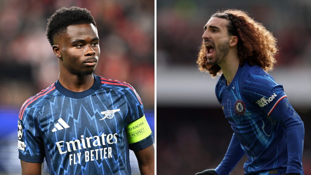 Split image of (L) Bukayo Saka looking on during an Arsenal game and (R) Marc Cucurella screaming during a Chelsea match