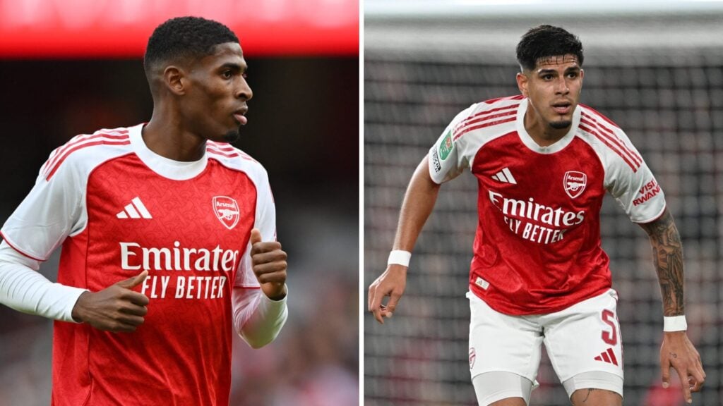 Split image of (L) Cristhian Mosquera and (R) Piero Hincapie both in action for Arsenal