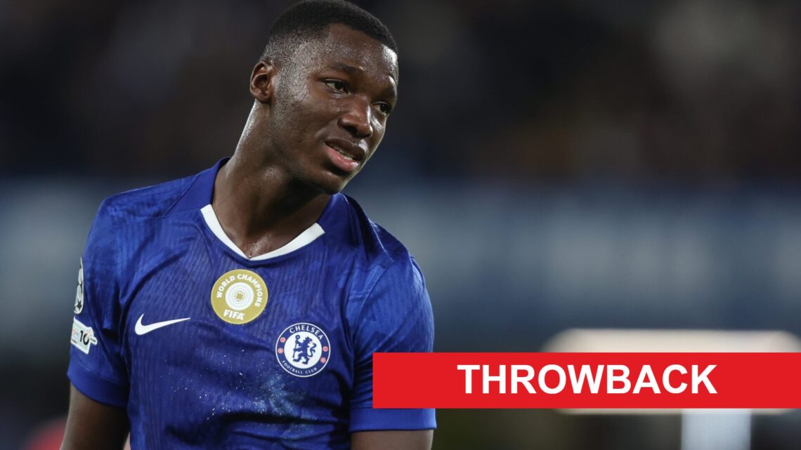Image of Moises Caicedo looking on during a Chelsea game, overlaid a Throwback banner