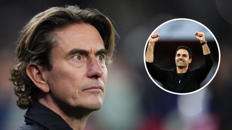 Image of Thomas Frank looking on during a Tottenham game, with an inset of Mikel Arteta celebrating after an Arsenal win