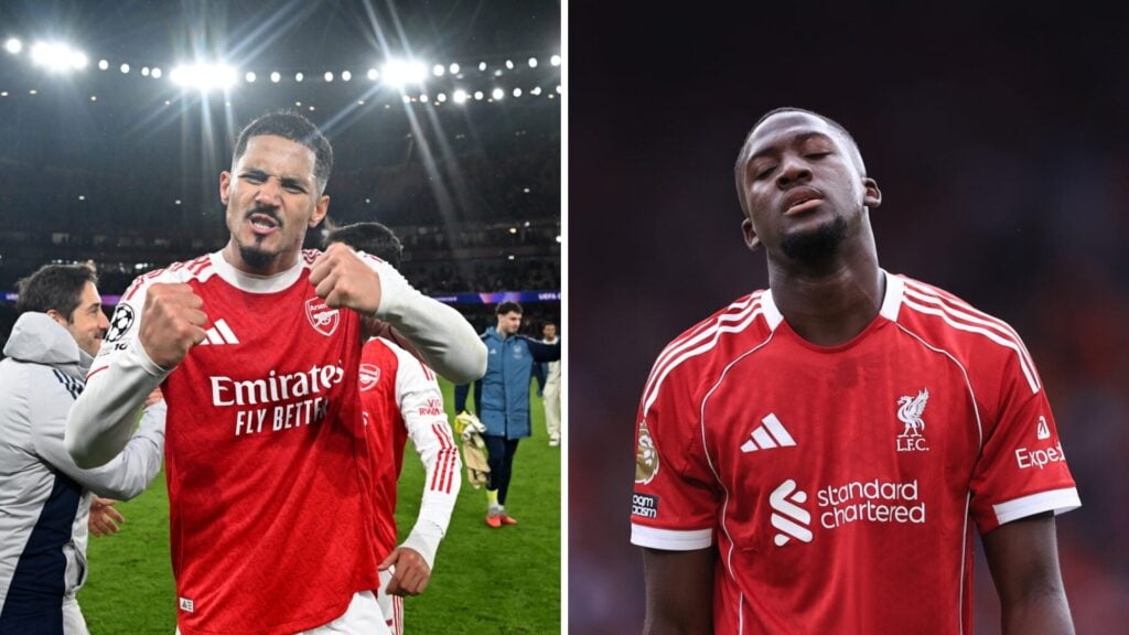 Split image of (L) William Saliba celebrating after an Arsenal win and (R) Ibrahima Konate looking dejected during a Liverpool game