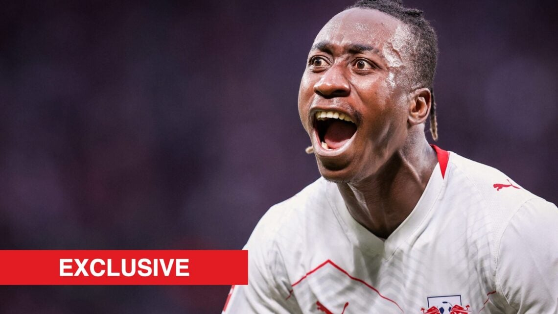 Leipzig's Ivorian forward #49 Yan Diomande celebrates the team's first goal during the German first division Bundesliga football match between RB L...