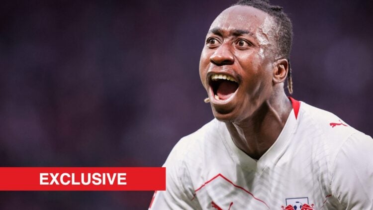 Leipzig's Ivorian forward #49 Yan Diomande celebrates the team's first goal during the German first division Bundesliga football match between RB L...