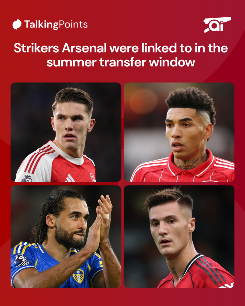 A graphic to show strikers Arsenal were linked to in the 2025 summer transfer window: Viktor Gyokeres, Igor Jesus, Dominic Calvert-Lewin and Benjamin Sesko.