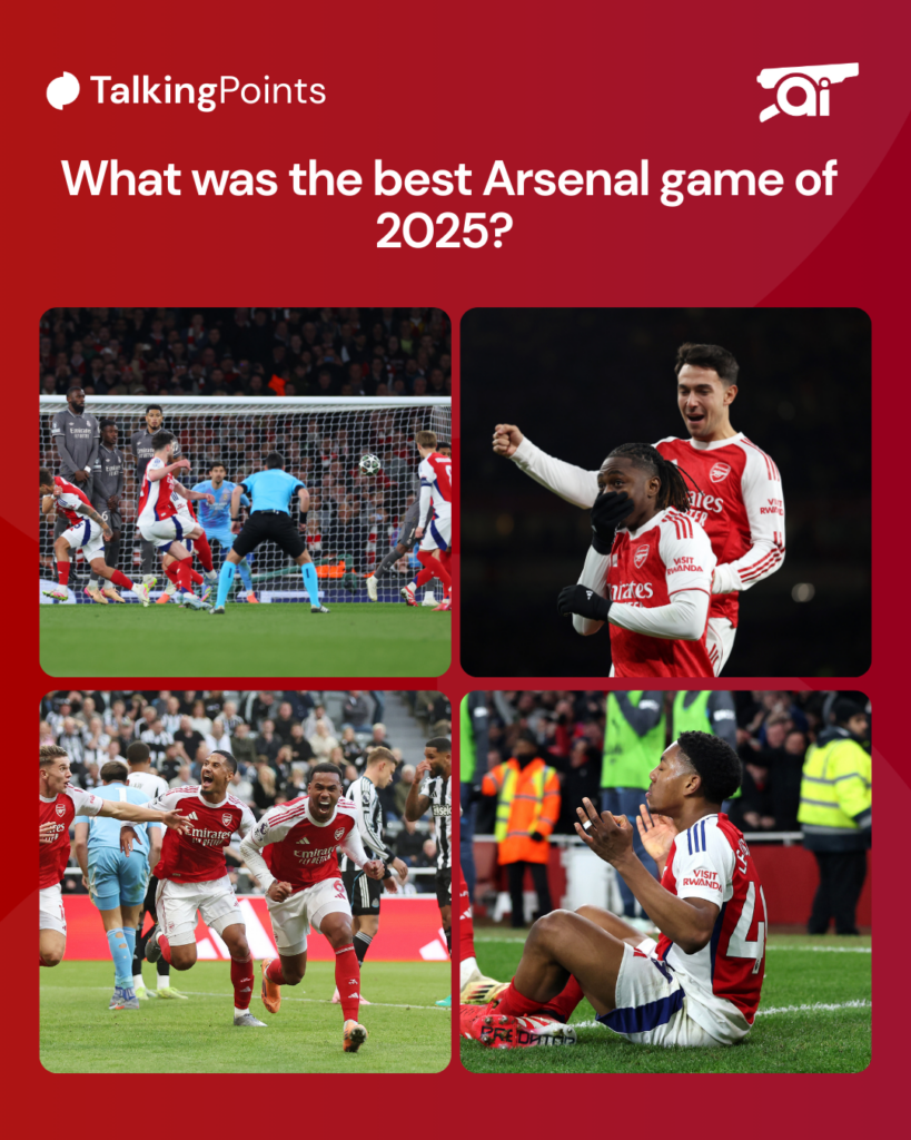 A graphic including images from Arsenal’s wins against Newcastle United, Real Madrid, Tottenham and Manchester City.