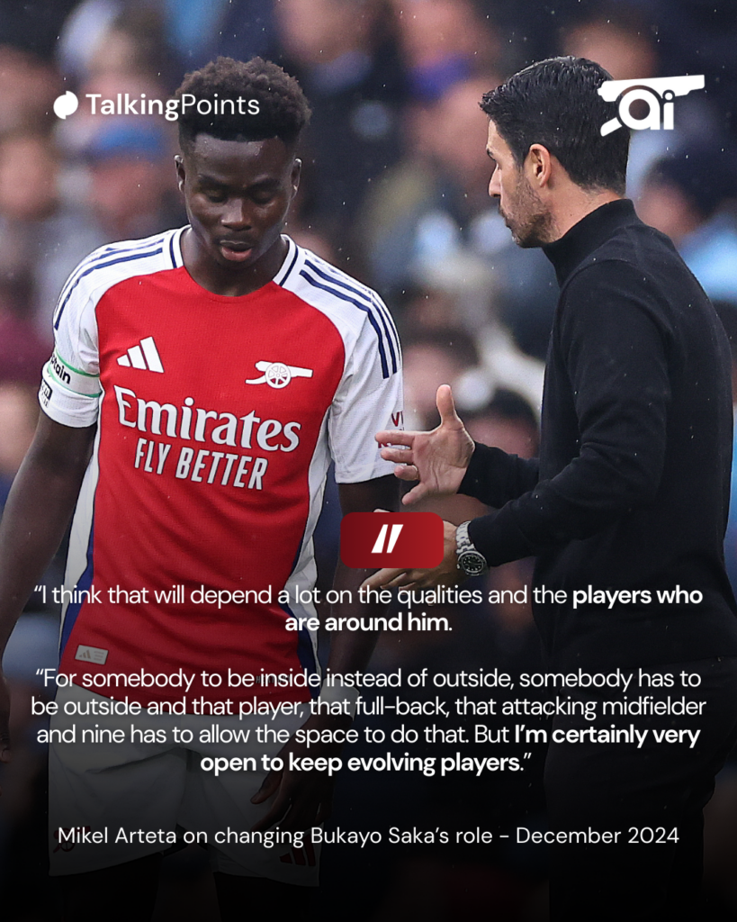 A graphic of Mikel Arteta and Bukayo Saka, including a quote from Mikel Arteta about changing Bukayo Saka’s position.
