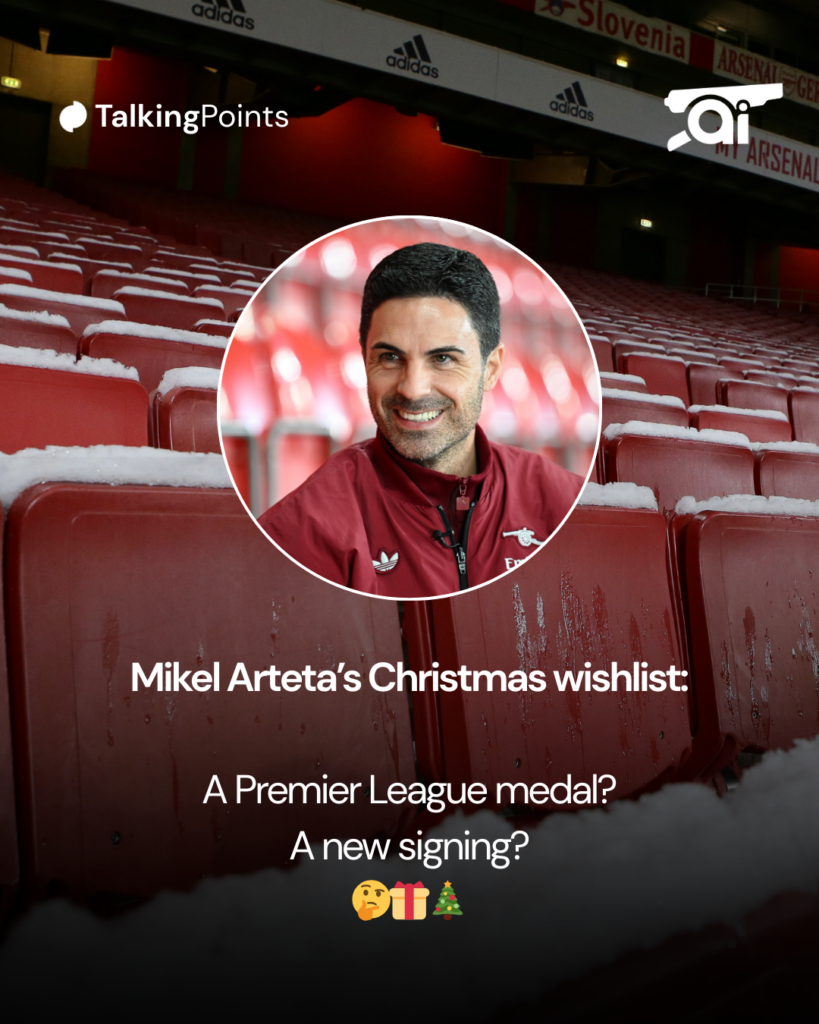 The Emirates in the snow with an inset of Arsenal manager Mikel Arteta.