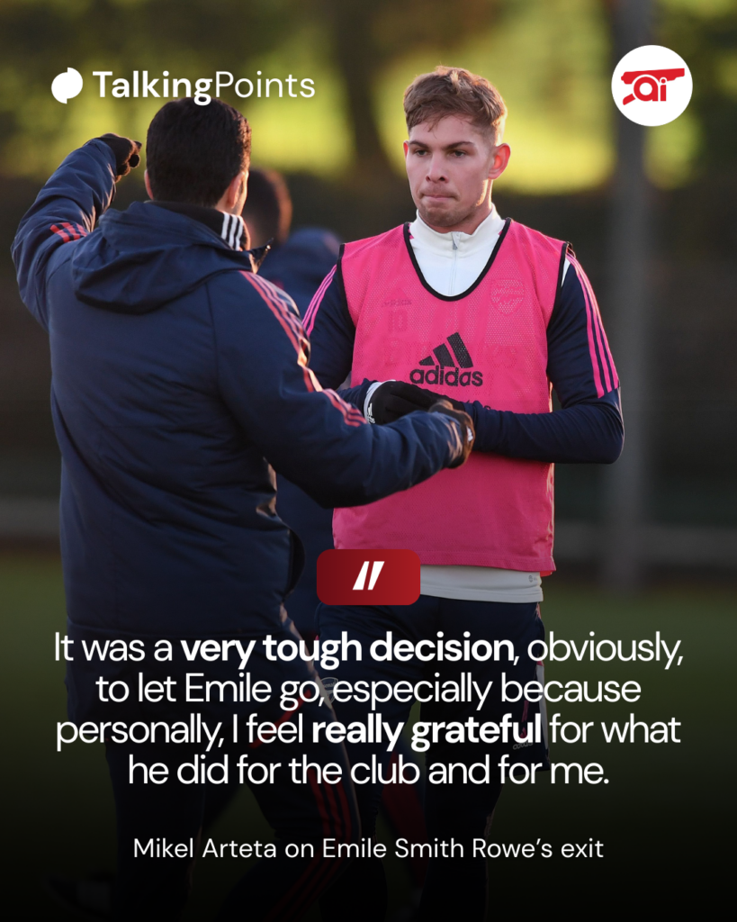 Mikel Arteta and Emile Smith Rowe during an Arsenal training session with a quote of Arteta commenting on Smith Rowe’s transfer exit.