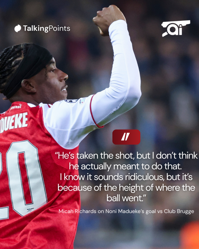 A graphic to show Micah Richards' comments on Noni Madueke's goal for Arsenal against Club Brugge.