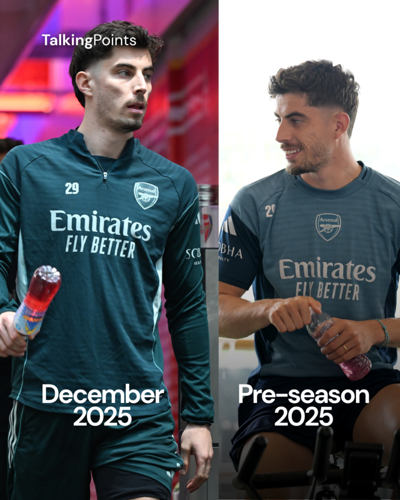 A graphic comparing Kai Havertz in pre-season training of 2025 and in Arsenal training in December 2025. 
