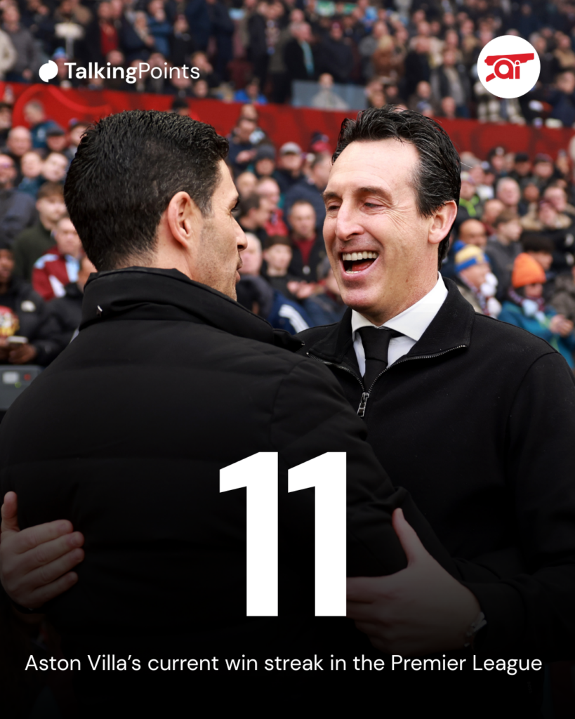 Aston Villa's 11-game win streak ahead of facing Arsenal.