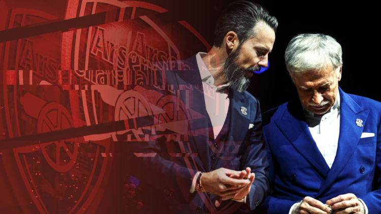 Abstract cover art featuring Stan Kroenke, Josh Kroenke and the Arsenal badge