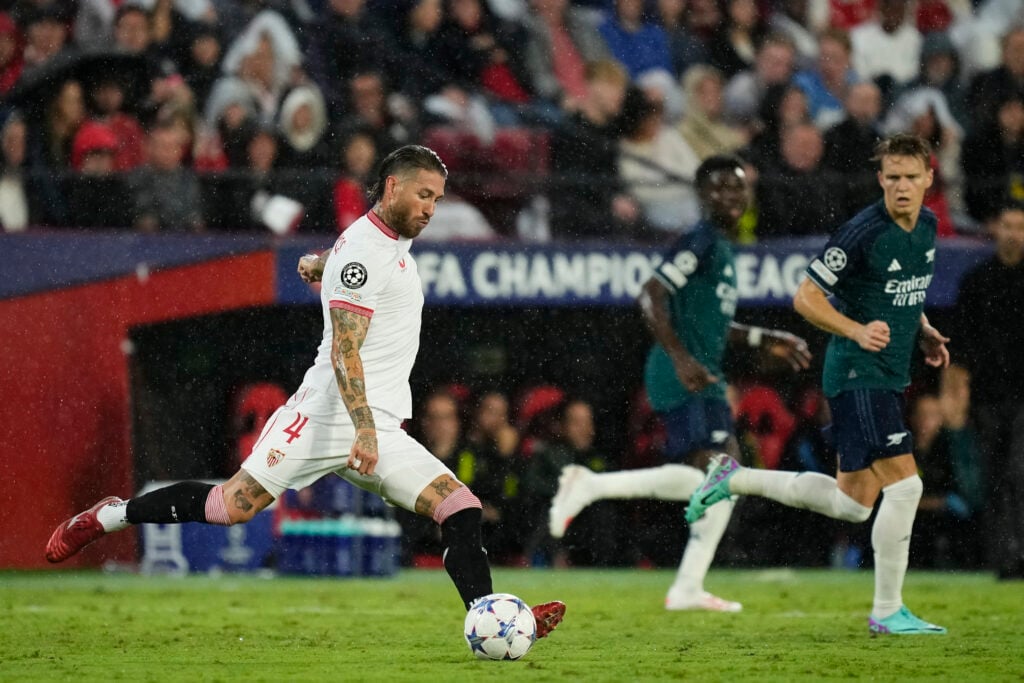 Sergio Ramos centre-back of Sevilla and Spain does passed during the UEFA Champions League match between Sevilla and Arsenal.