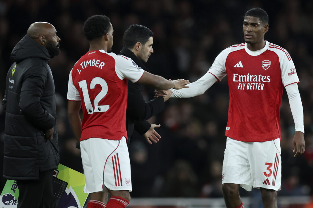 Cristhian Mosquera of Arsenal is substituted off for Jurrien Timber after appearing to pick up an injuring during the Premier League match between Arsenal and Brentford at Emirates Stadium