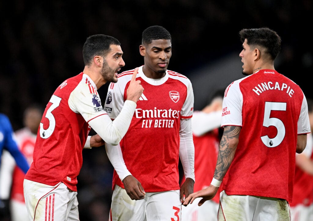 Mikel Merino, Cristhian Mosquera and Piero Hincapie of Arsenal during the Premier League match between Chelsea and Arsenal at Stamford Bridge.