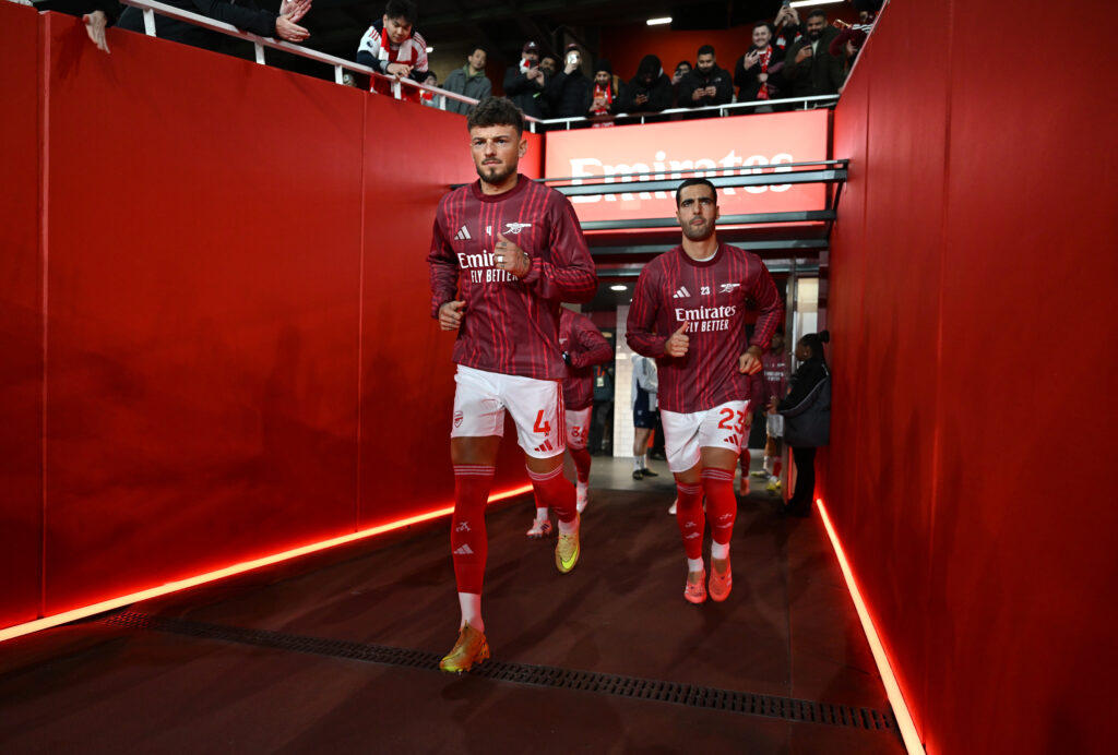 Ben White and Mikel Merino of Arsenal jog out of the tunnel to warm up prior to the Premier League match between Arsenal and Brentford.