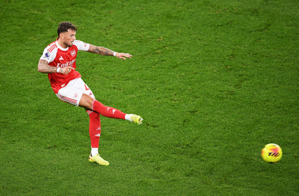 Ben White of Arsenal passes the ball during the Premier League match between Arsenal and Brentford at Emirates Stadium.