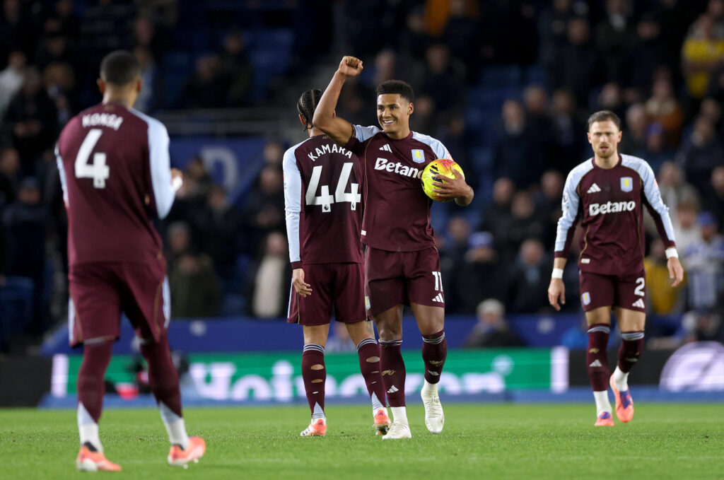 Ollie Watkins of Aston Villa celebrates scoring his team's second goal during the Premier League against Brighton.