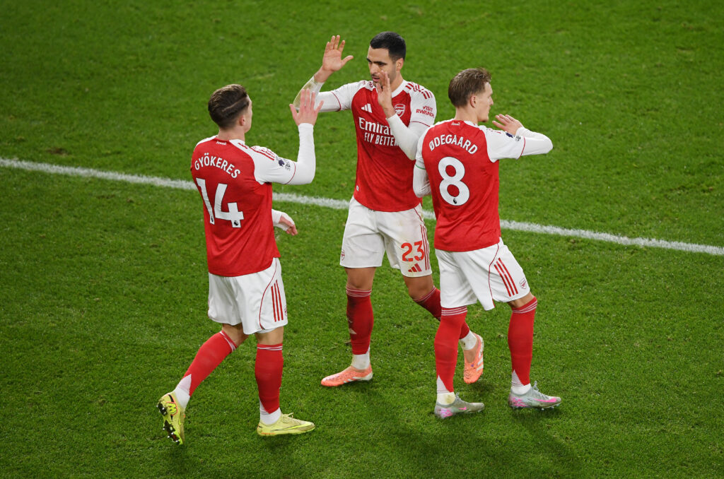 Mikel Merino, Viktor Gyokeres and Martin Odegaard celebrate an Arsenal goal