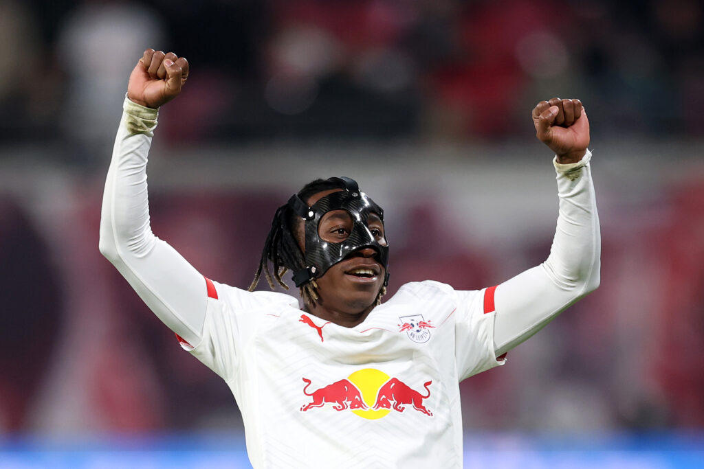 Yan Diomande celebrates after scoring for RB Leipzig