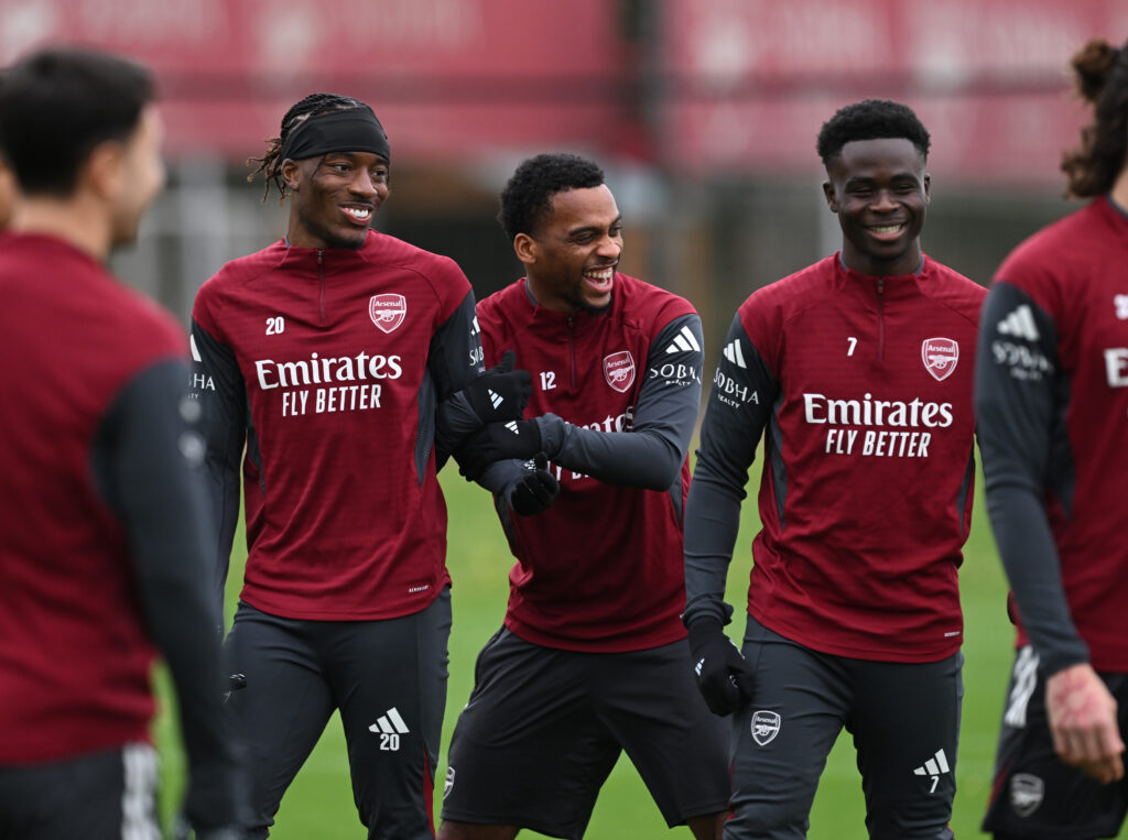 Noni Madueke, Jurrien Timber and Bukayo Saka of Arsenal during a training session at Sobha Realty Training Centre.