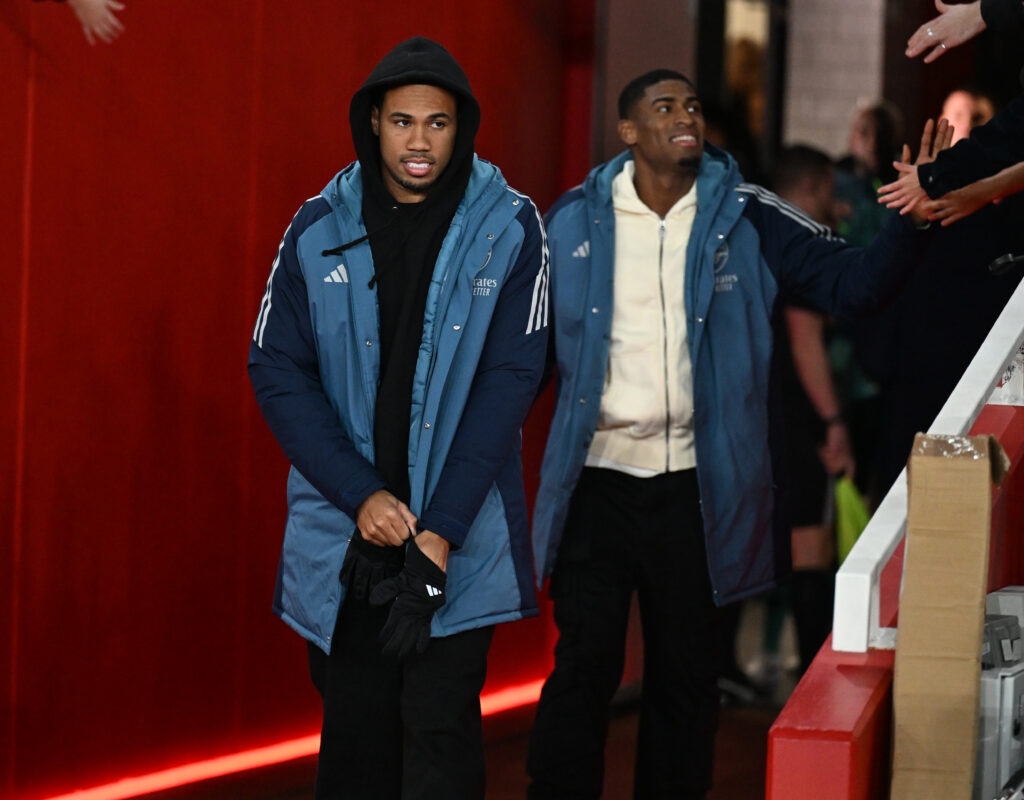 Gabriel Magalhaes and Cristhian Mosquera walk out for an Arsenal game while injured