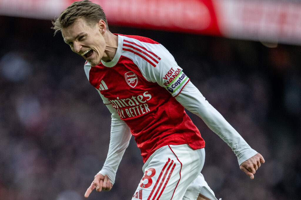 Martin Odegaard celebrates after scoring for Arsenal vs Brighton