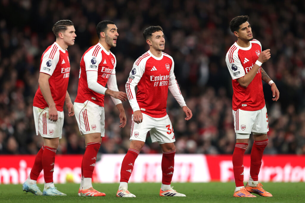 Viktor Gyokeres, Mikel Merino, Martin Zubimendi and Piero Hincapie look on during an Arsenal game