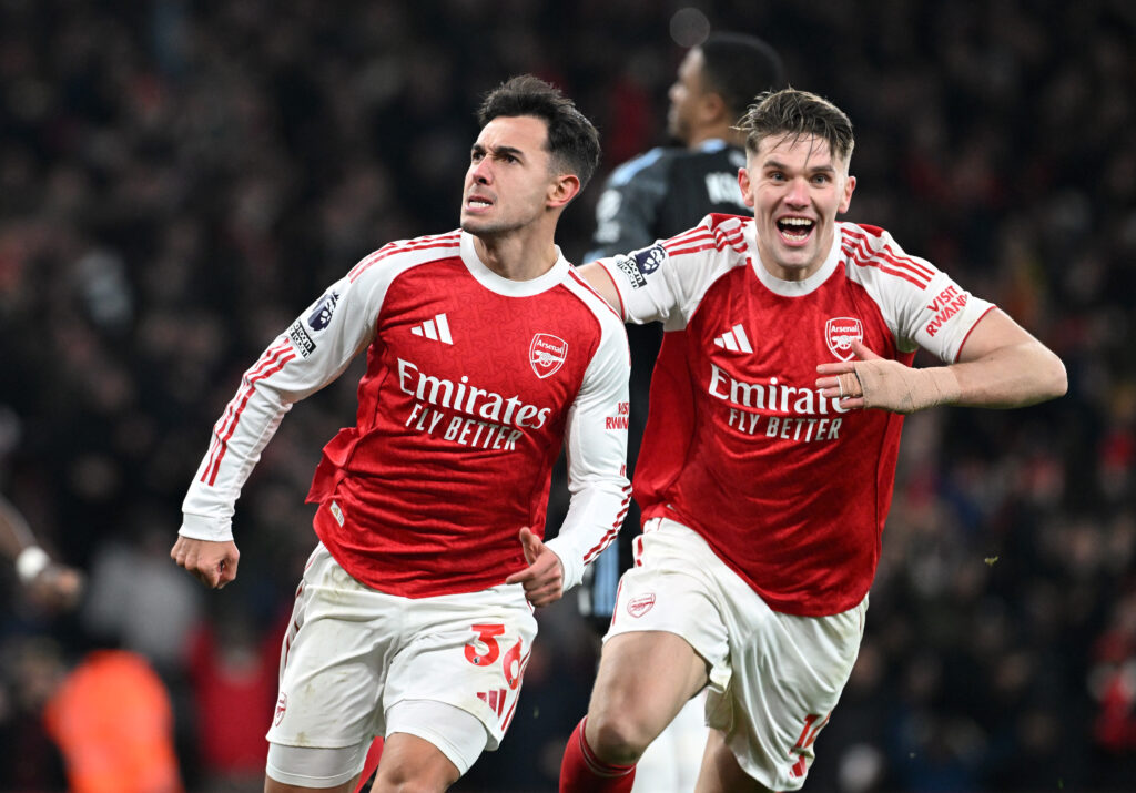 Martin Zubimendi celebrates his goal with Viktor Gyokeres during Arsenal vs Aston Villa