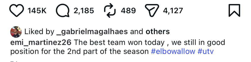 A screen grab of Gabriel Magalhaes liking Emi Martinez's Instagram post after Arsenal 4-1 Aston Villa.