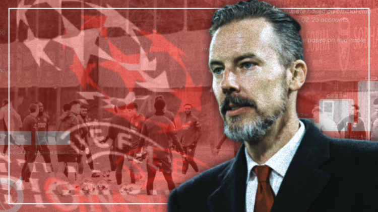 Abstract cover art featuring the Champions League logo, Arsenal squad in training and Josh Kroenke