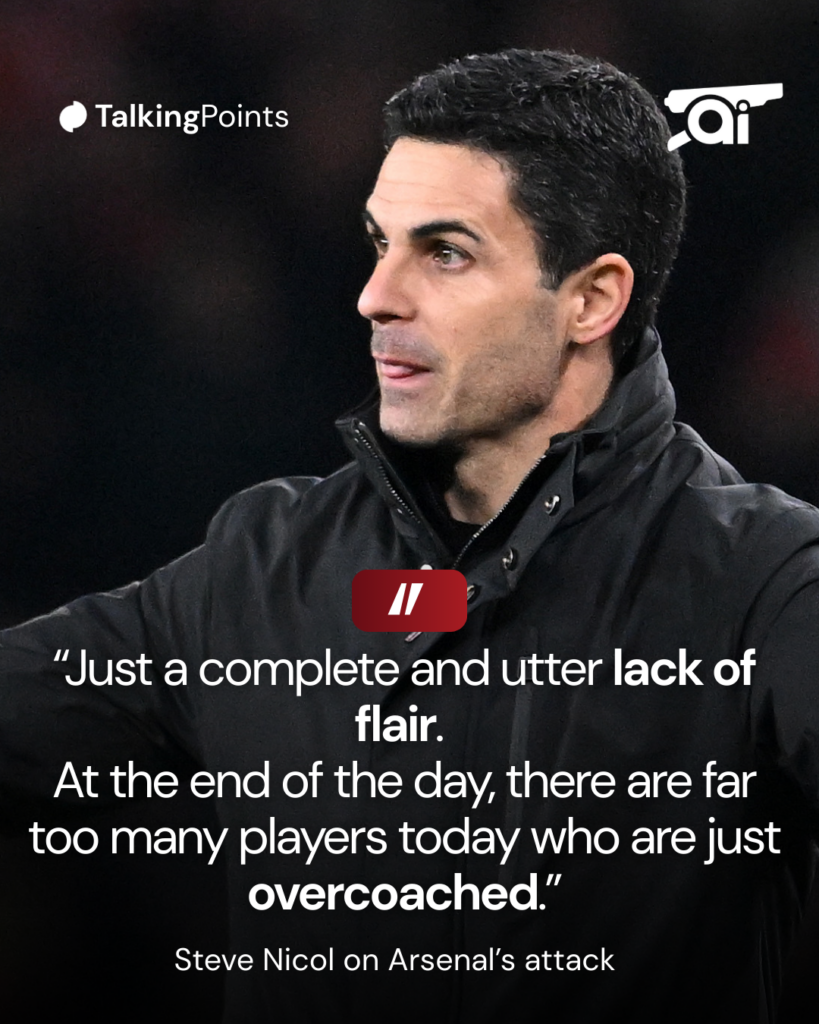 A graphic to show Arsenal manager Mikel Arteta with a quote of Steve Nicol talking about Arsenal’s win against Wolves.