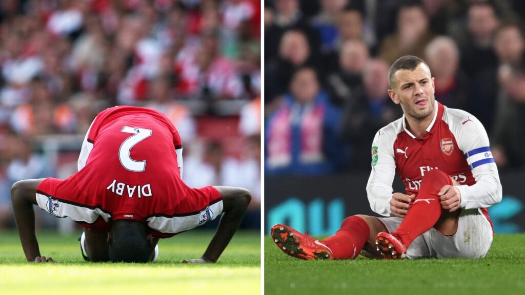Split image of Abou Diaby and Jack Wilshere during an Arsenal game