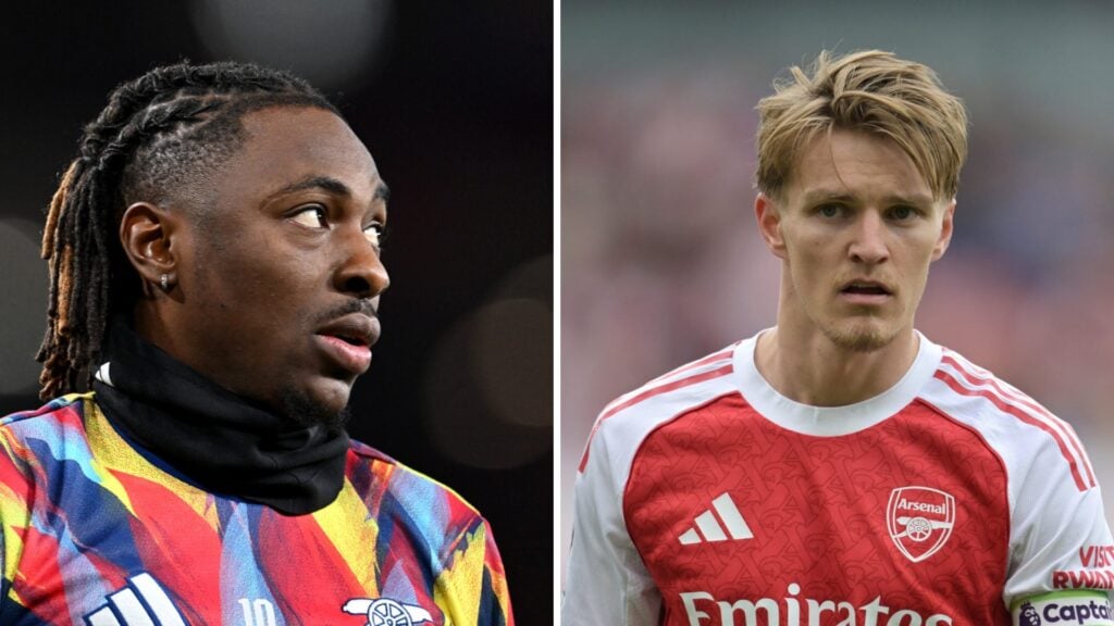 Split image of (L) Eberechi Eze and (R) Martin Odegaard both looking on during Arsenal games