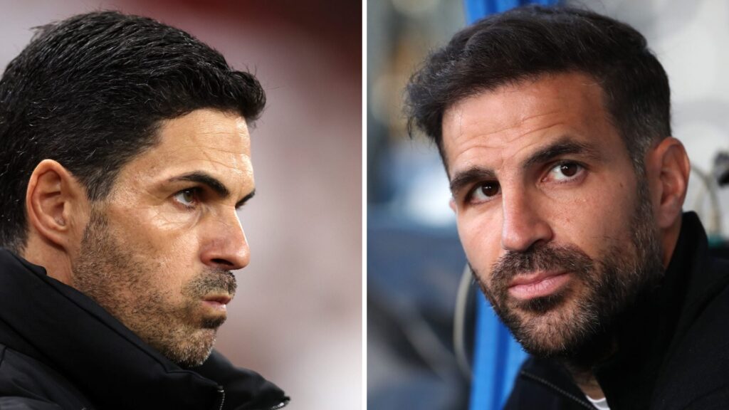 Split image of (L) Arsenal manager Mikel Arteta and (R) Como boss Cesc Fabregas both looking on during games