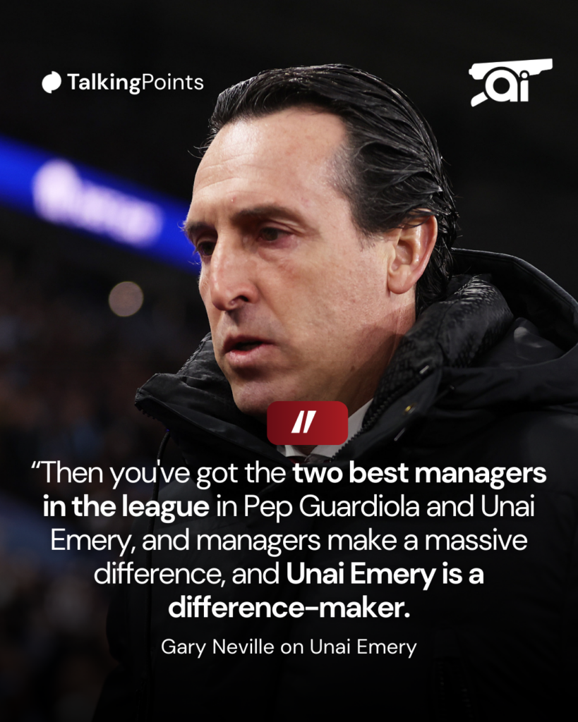 Aston Villa manager Unai Emery with a graphic of Gary Neville’s comments. 
