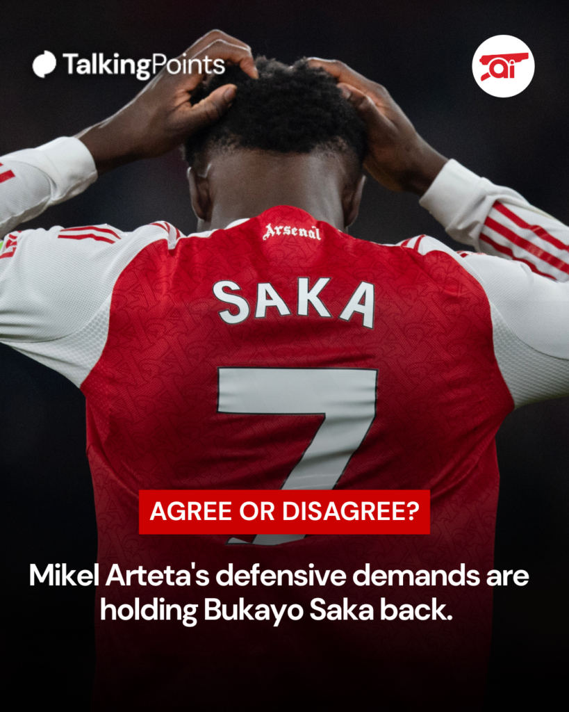 A graphic asking if Mikel Arteta's tactics are damaging Bukayo Saka.
