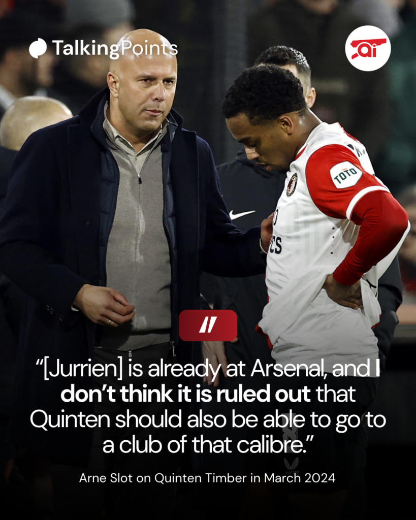 A graphic showing Arne Slot's quote about Quinten Timber including an image of them together at Feyenoord.