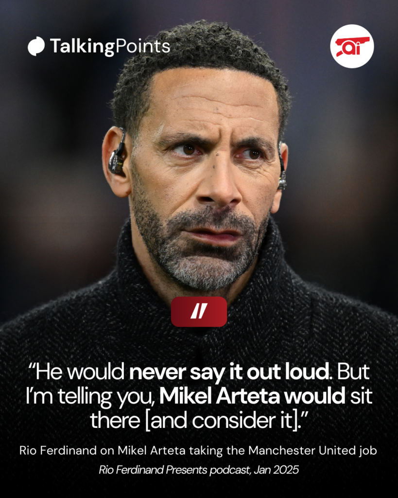 A graphic displaying Rio Ferdinand's quote about Mikel Arteta taking the Manchester United manager job.