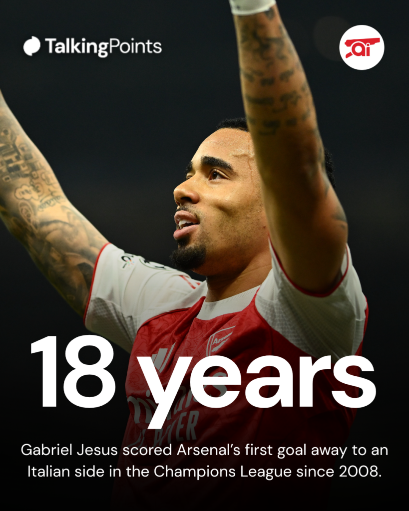 A graphic showing that Gabriel Jesus scored Arsenal's first goal away to an Italian side in the Champions League since 2008.