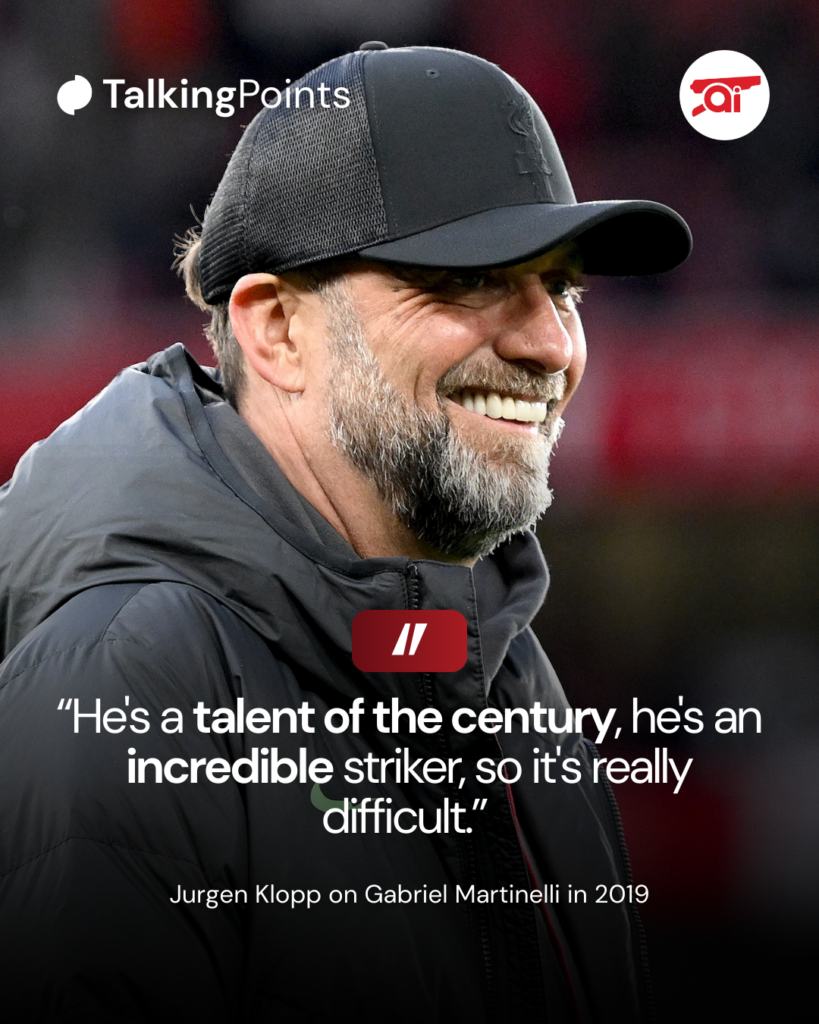 A graphic showing what Jurgen Klopp said about Arsenal winger Gabriel Martinelli in 2019.