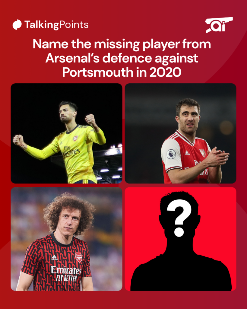 A graphic to show Arsenal's back four against Portsmouth in 2020 including a mystery player icon.