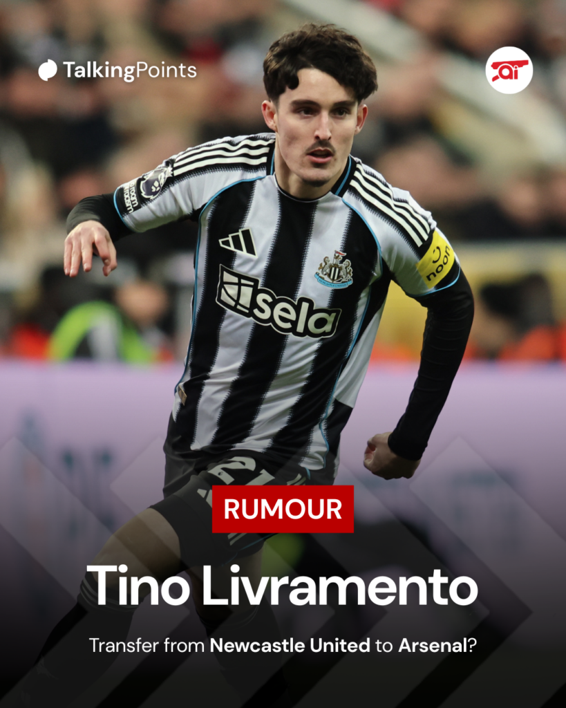 A graphic to show that Tino Livramento has been linked to Arsenal as a transfer target.