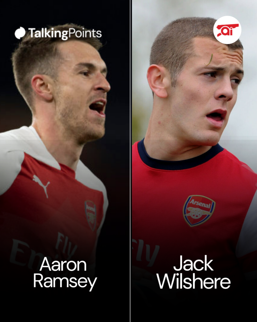 Split image of Aaron Ramsey and Jack Wilshere playing for Arsenal, overlaid a question asking who was the better midfielder in their prime