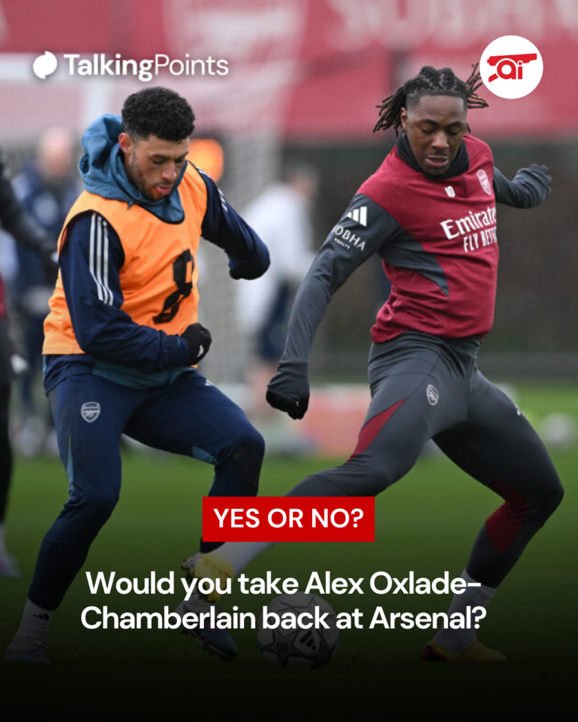 Image of Alex Oxlade-Chamberlain with Eberechi Eze in Arsenal first team training, overlaid a question asking Arsenal fans if they would take him back
