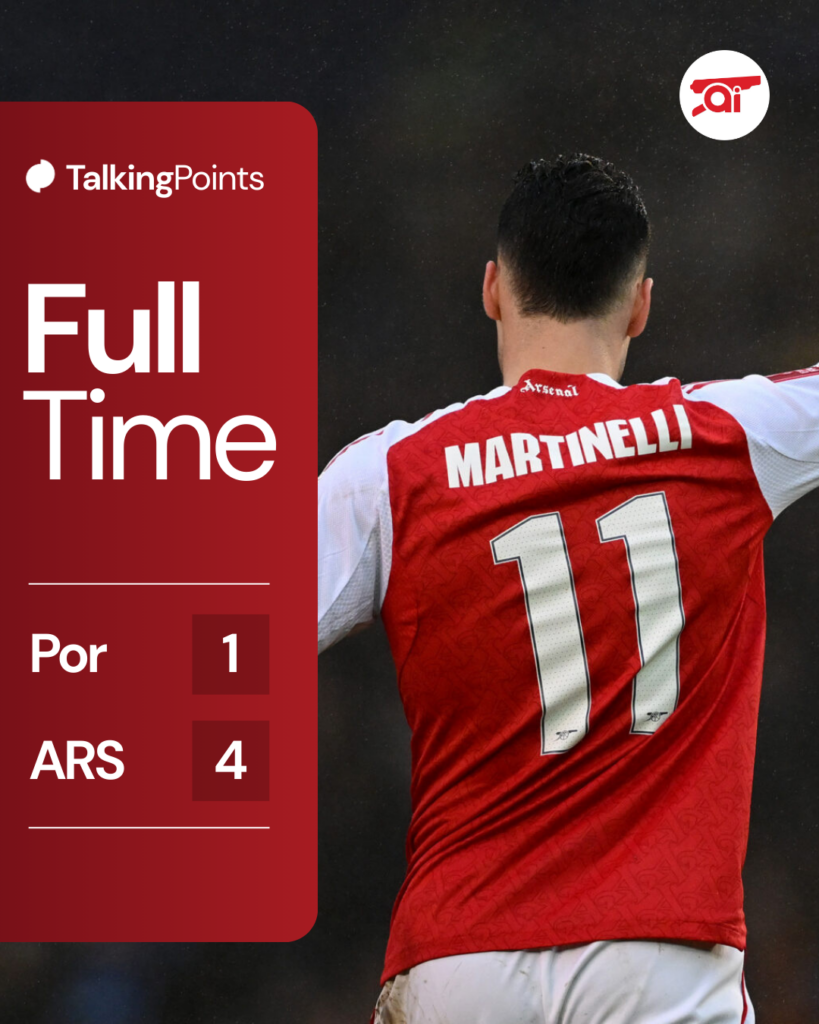 Full time score of Portsmouth vs Arsenal in the FA Cup with an image of Gabriel Martinelli celebrating at Fratton Park
