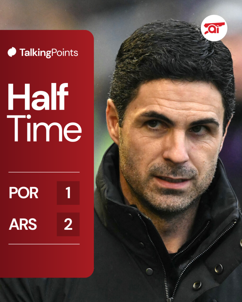 Half time score of Portsmouth vs Arsenal in the FA Cup with an image of Mikel Arteta at Fratton Park