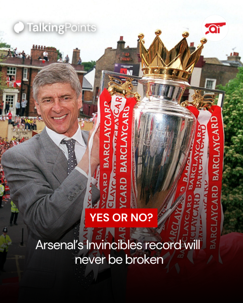 Arsene Wenger holding the Premier League title in 2004, overlaid a question